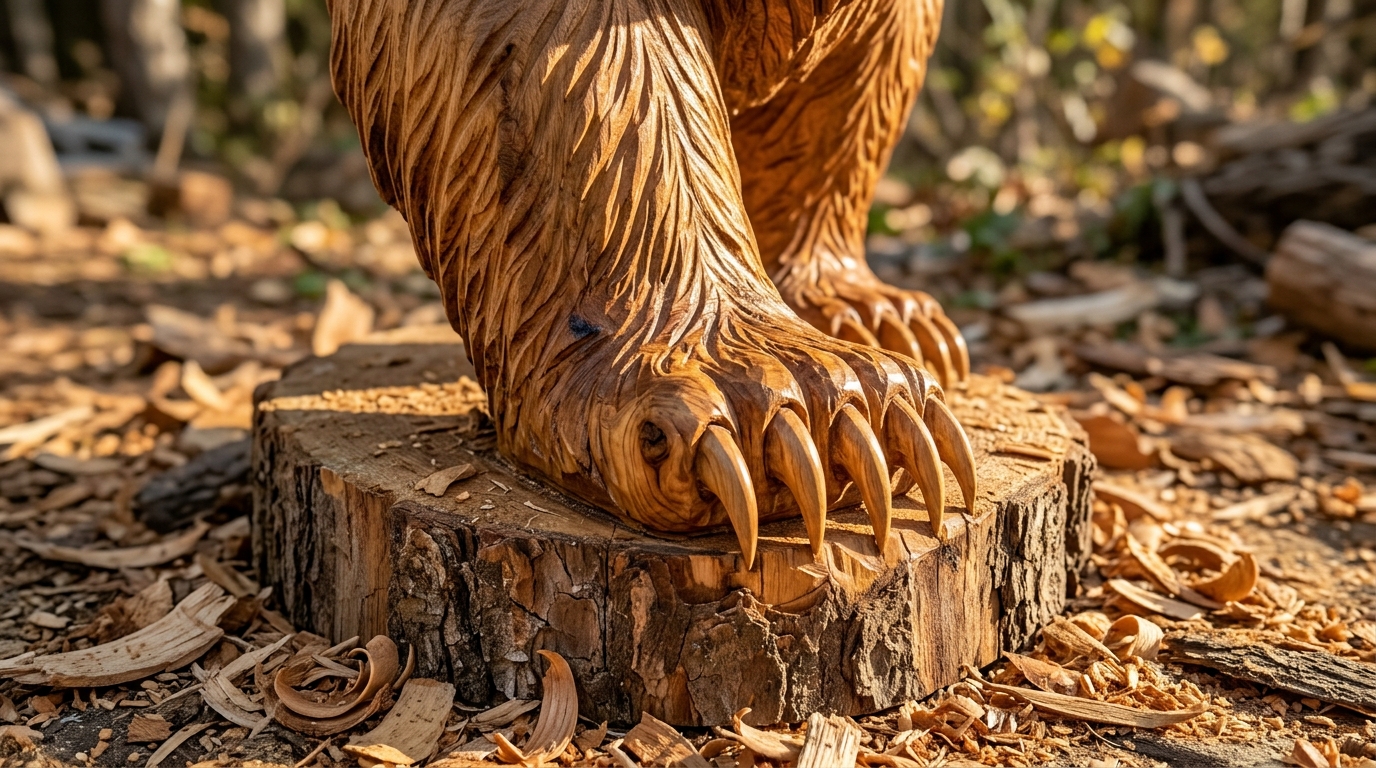 Carved wooden bear paw with five curved claws