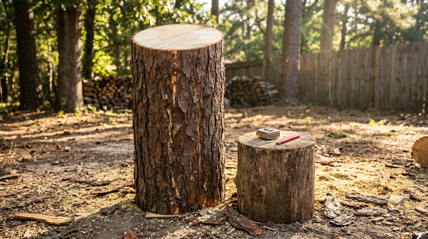 Tall pine log standing in a sunny yard ready for carving