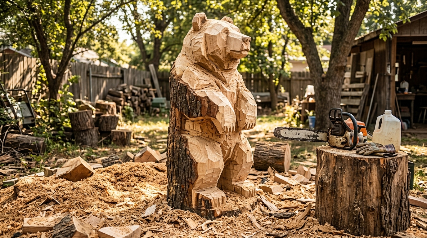 Giant bear chainsaw carving with the body roughed out in chunky cuts