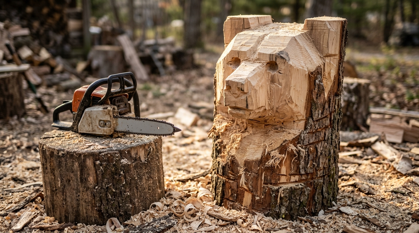 Small carving chainsaw in front of a half carved wooden bear face