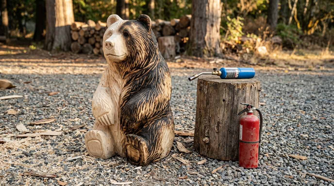 Wooden bear sculpture with half the fur toasted dark for contrast