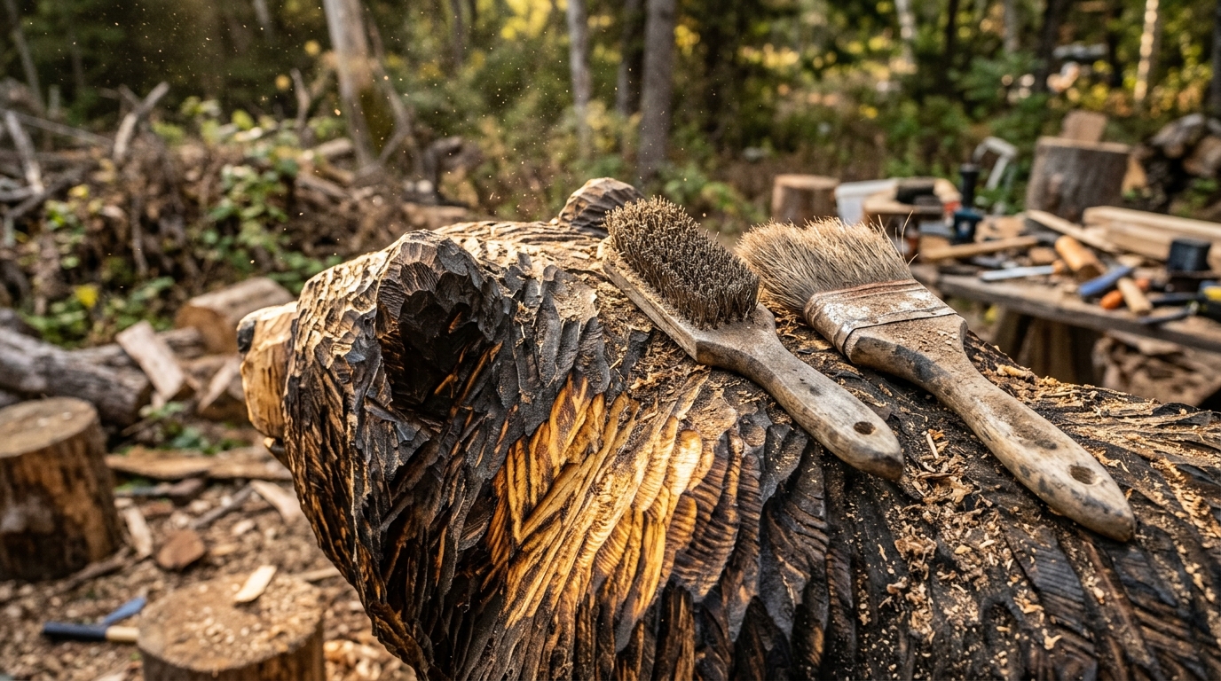 Wire brush resting on a dark toasted wooden bear