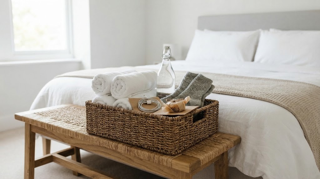 Bed making tricks finished with a guest welcome basket on a bench at the foot of a bed with towels, water and slippers