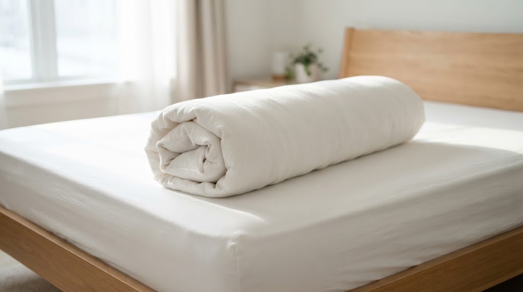 Bed making tricks: a duvet cover being rolled up with the insert inside like a burrito on a bed