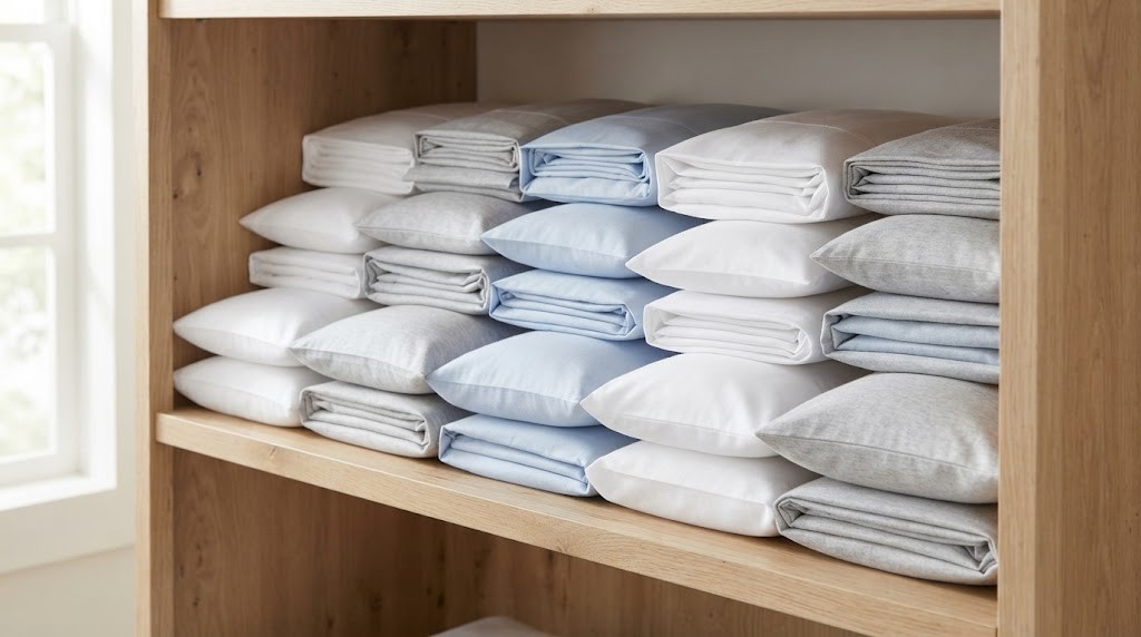 Linen closet shelf with folded sheet sets stored neatly inside their matching pillowcases