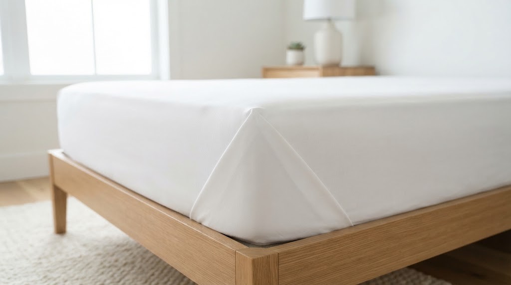 Close view of a neat hospital corner on a white flat sheet tucked under a mattress