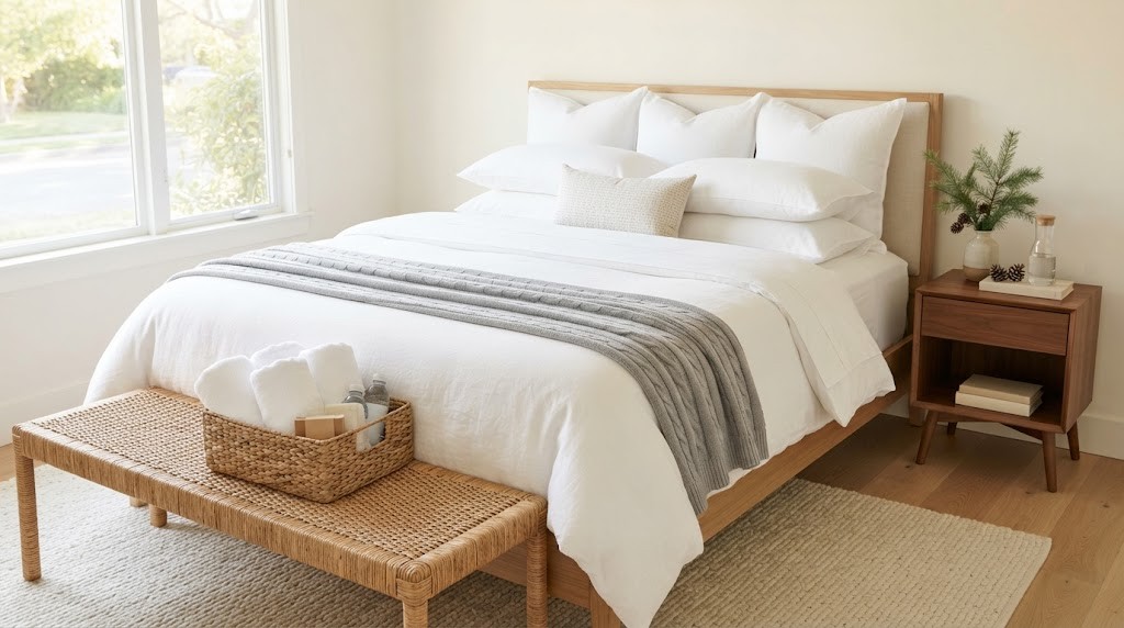 Bed making tricks on a crisp guest bed with layered white bedding, stacked pillows, a folded throw and a guest basket