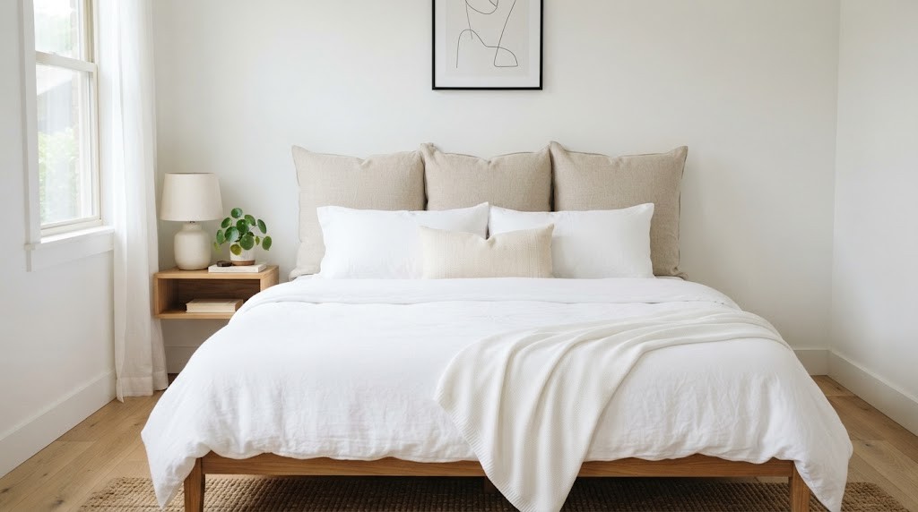 Bed with no headboard using three large euro shams against the wall as a soft headboard