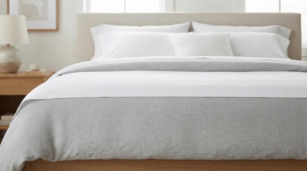 White top sheet neatly folded over the edge of a duvet near the pillows
