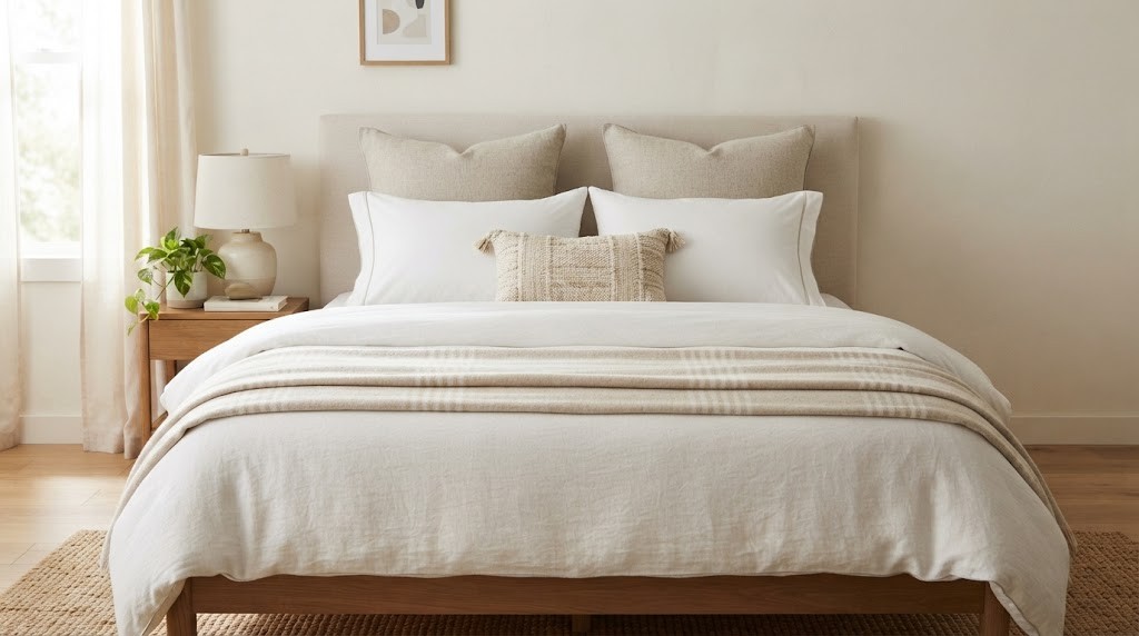 Bed making tricks with pillows stacked in order from euro shams to sleeping pillows to small accent pillows