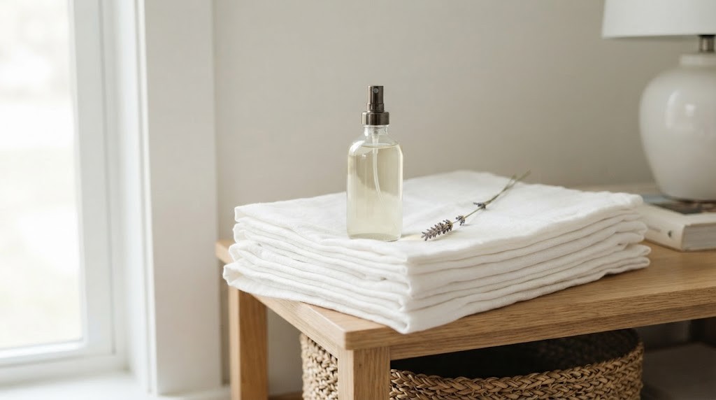 Small glass spray bottle of homemade linen spray with dried lavender on folded white sheets