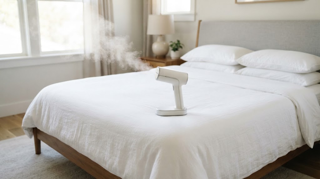 Handheld fabric steamer smoothing wrinkles from a white duvet cover on a made bed