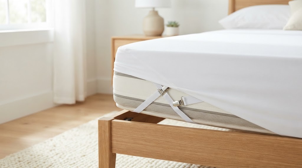 Elastic sheet straps clipped to the corners of a fitted sheet under a mattress