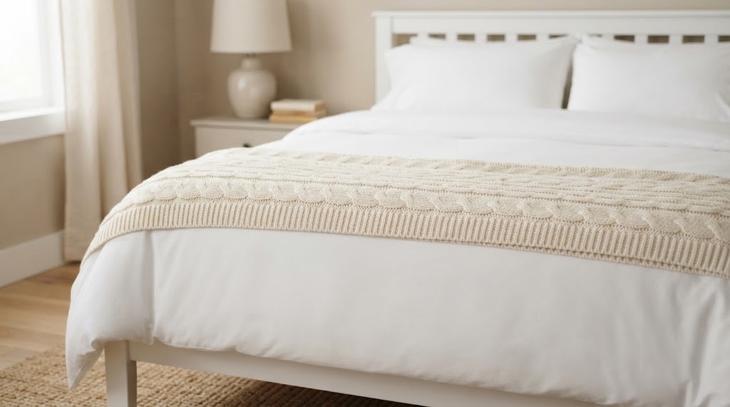 Bed making tricks with a knit throw folded in thirds across the foot of a neatly made bed