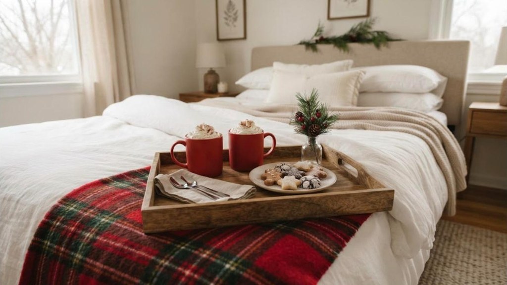 Wooden breakfast tray with holiday mugs and a pine sprig on a cozy bed