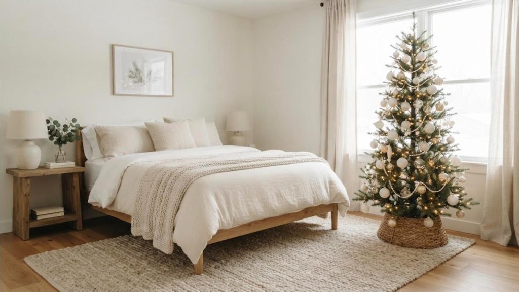 Christmas bedroom decor slim pencil tree with white and gold ornaments in a corner