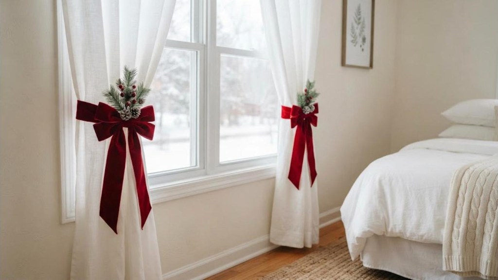 White curtains tied back with red velvet ribbon and faux greenery picks