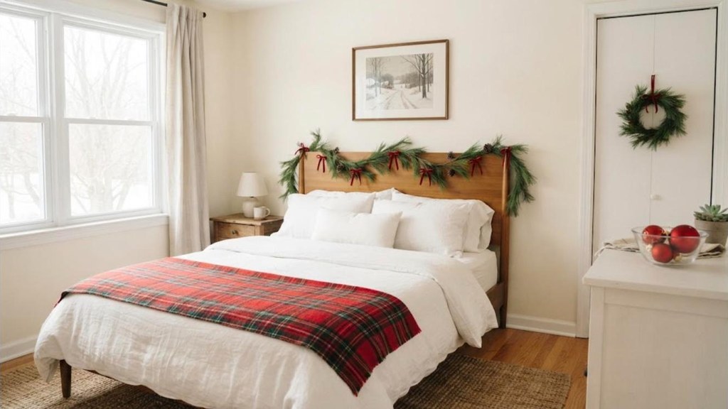 Bedroom decorated with dollar store garland, picks, ornaments, frames and ribbon