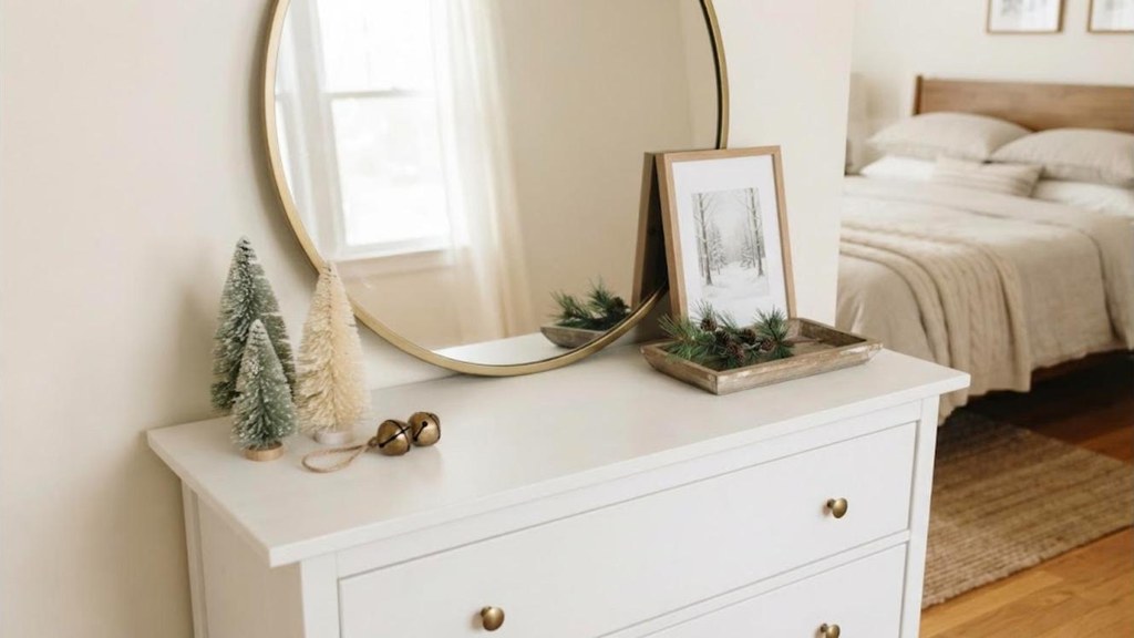 Christmas bedroom decor dresser with mirror, mini trees, brass bells and a tray