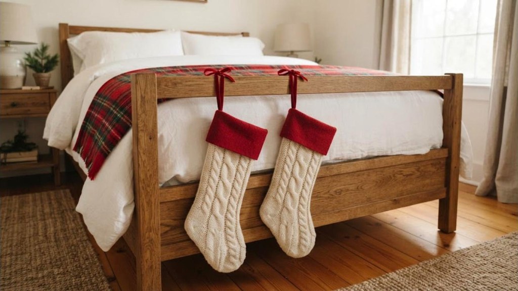 Knit Christmas stockings hung with ribbon loops from a wooden footboard
