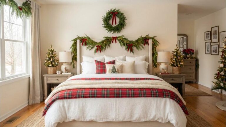 Christmas bedroom decor cream headboard draped with cedar garland and red velvet bows