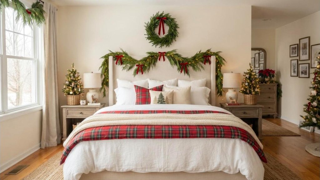 Christmas bedroom decor cream headboard draped with cedar garland and red velvet bows