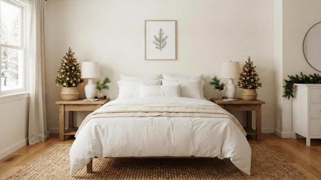 Small potted Christmas trees in woven baskets on matching bedroom nightstands