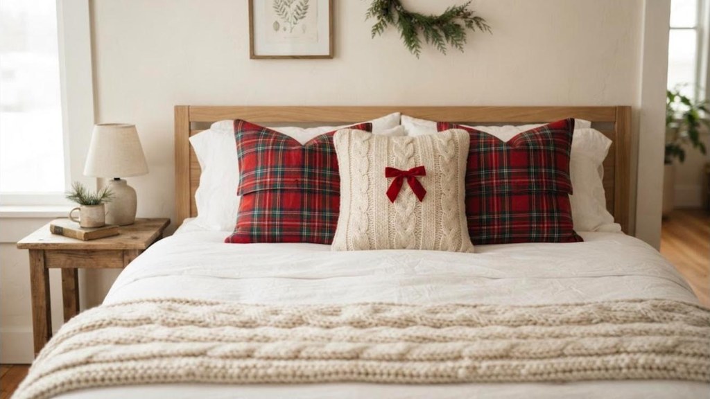 No-sew Christmas pillow covers made from plaid scarves on a white bed