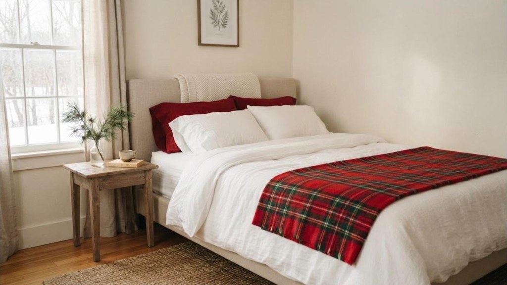 Bed layered with white sheets, a red tartan blanket and red pillow shams