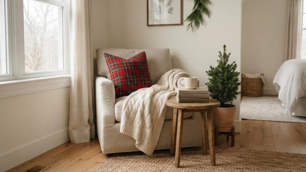 Christmas bedroom decor armchair with plaid pillow, throw and small side table