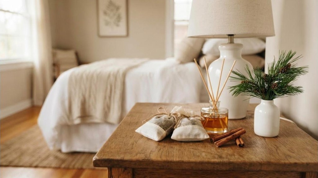 Christmas bedroom decor muslin cinnamon sachets, pine sprigs and a reed diffuser