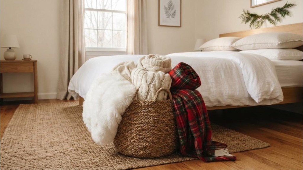 Woven basket at the foot of a bed filled with faux fur and chunky knit throws