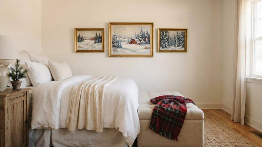 Thrifted gold frames holding vintage winter landscape prints above a bedroom bench