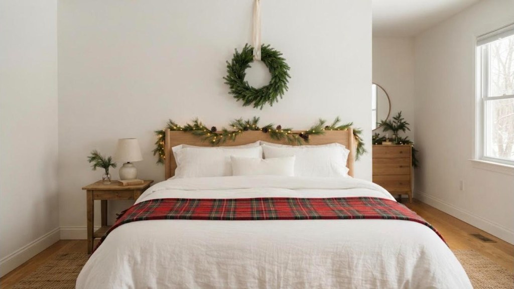 Christmas bedroom decor evergreen wreath with wide ribbon hung above a bed