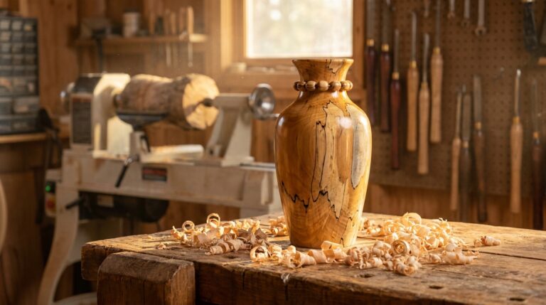 Beech log woodturning: tall beaded spalted beech vase on a workbench covered in curly shavings