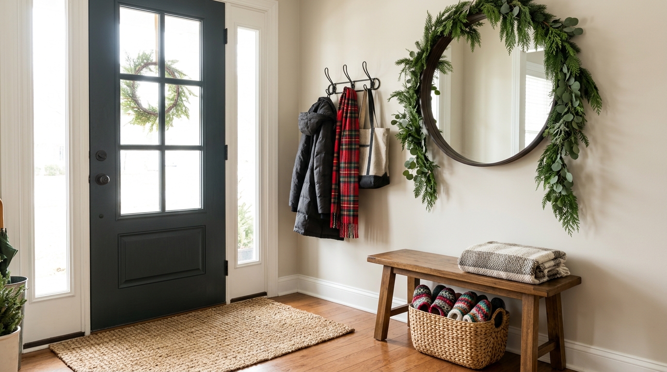 Before guests arrive entryway with a new doormat, wall hooks, a bench and a basket of guest slippers