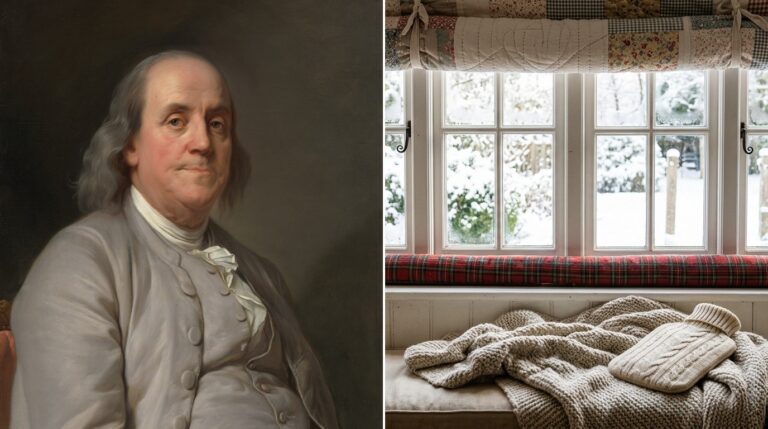 Benjamin Franklin winter hacks side by side with a cozy window nook with a quilted window cover, plaid draft snake and knit throw
