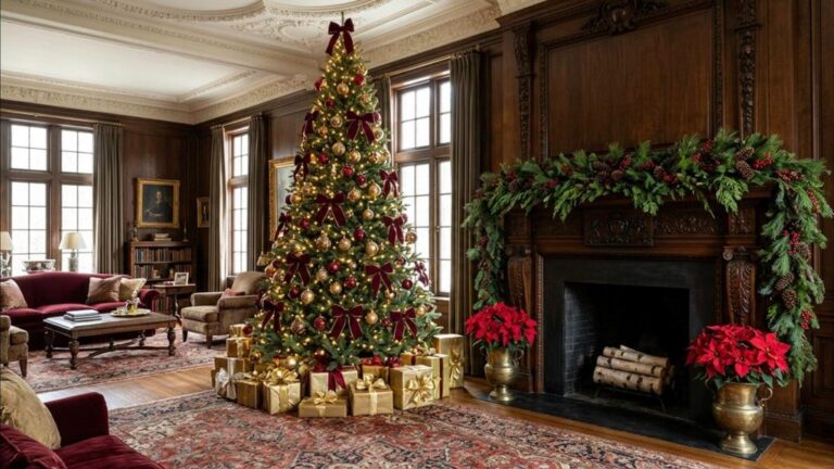 Biltmore Christmas style tree with gold and red ornaments and velvet bows in a living room