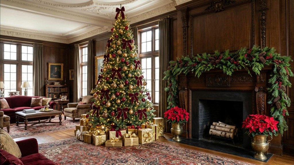 Biltmore Christmas style tree with gold and red ornaments and velvet bows in a living room