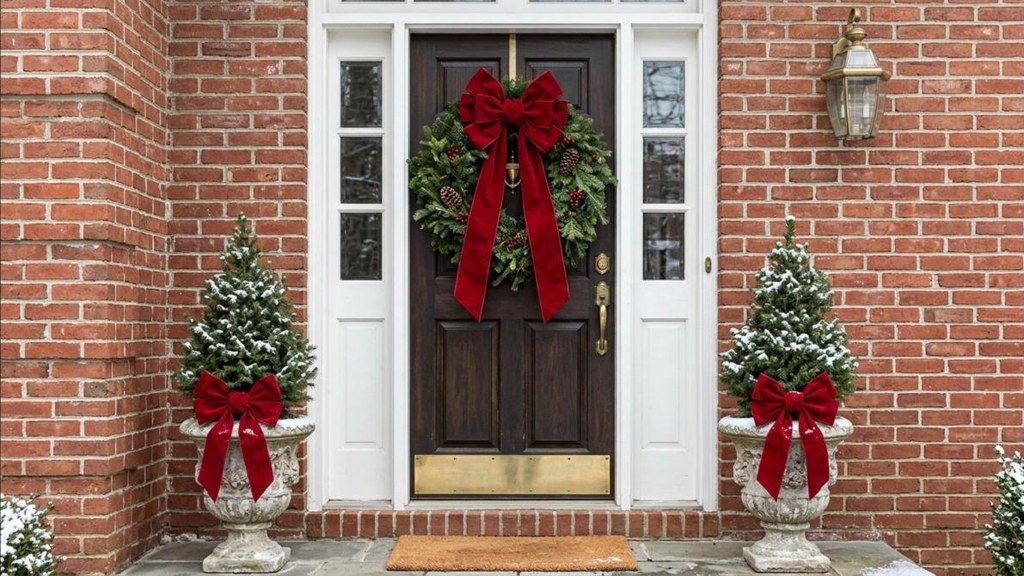Huge red velvet bow on a front door with evergreen wreath