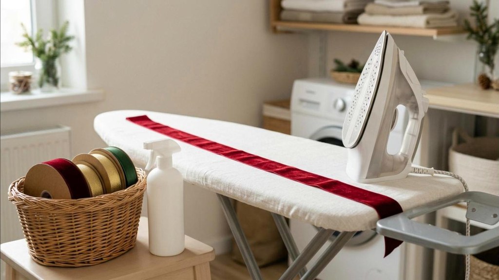 Red velvet ribbon on an ironing board beside an iron and a basket of rolled ribbons