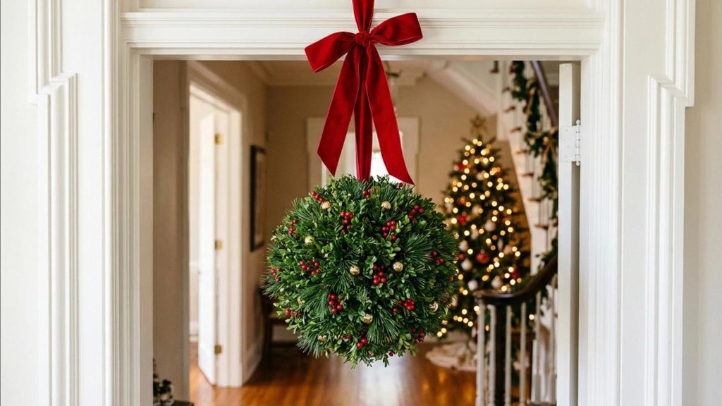 Biltmore Christmas kissing ball of pine and boxwood hanging from a red ribbon in a doorway