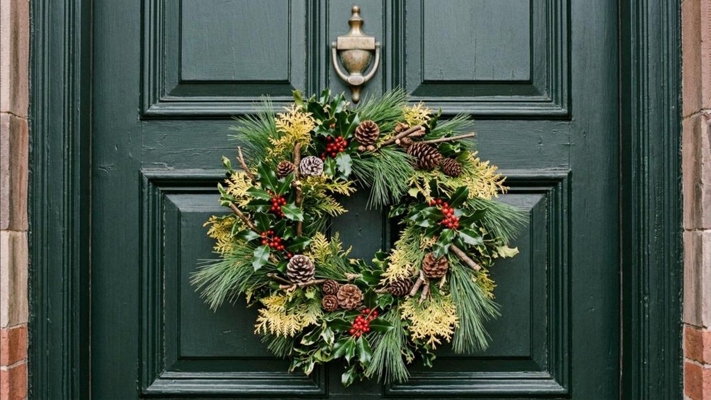 Natural evergreen wreath with golden greens, holly and pinecones on a wooden door