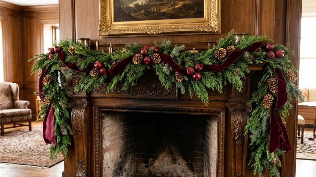 Biltmore Christmas mantel garland with gold pinecones, pomegranates and velvet ribbon