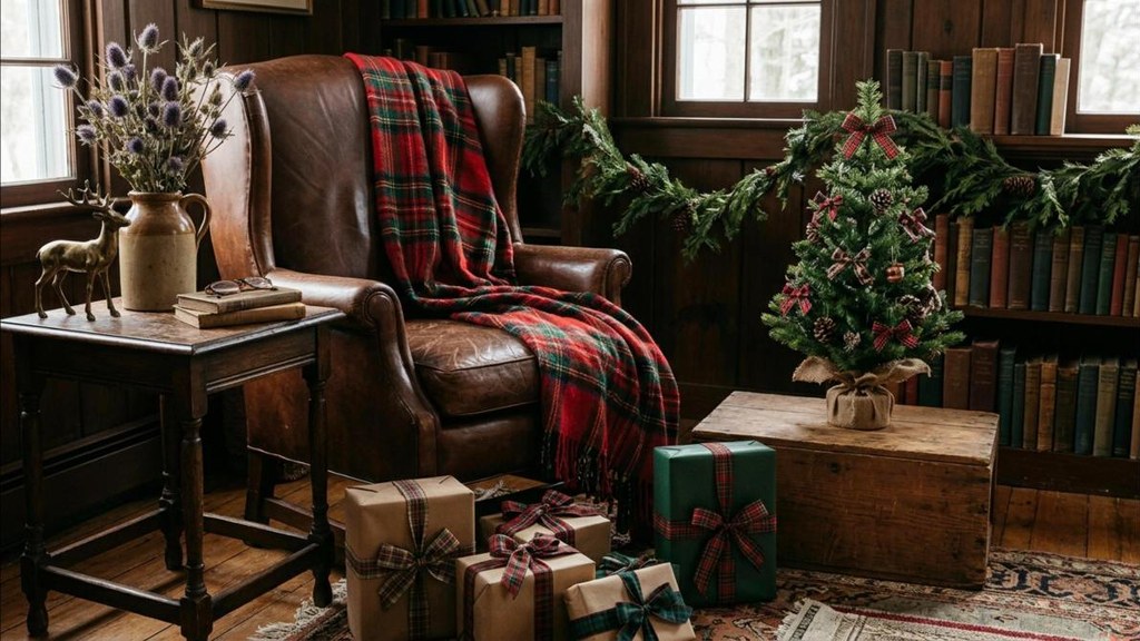Cozy reading chair with red tartan throw, dried thistles and a brass stag figure