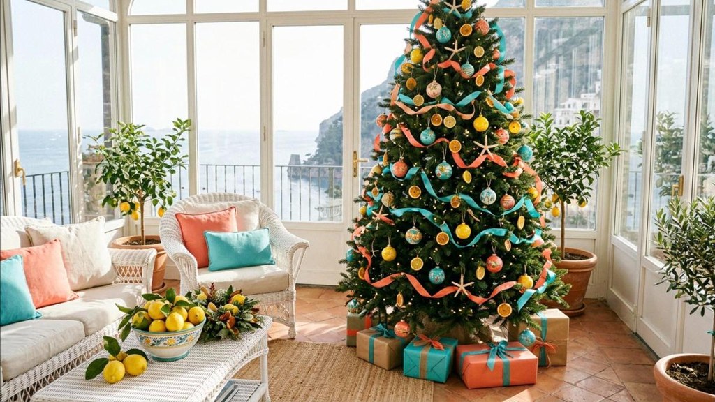 Christmas tree with turquoise, coral and yellow ornaments and dried citrus slices
