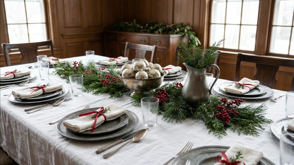 Biltmore Christmas dining table with pewter chargers, silver ornaments and red berries on white linen