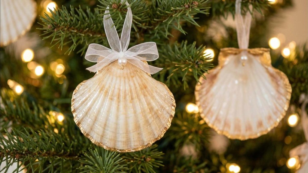 Handmade seashell ornaments with pearl beads hanging on a Christmas tree