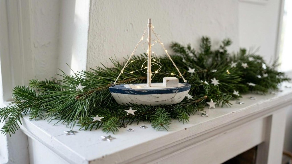 Small wooden boat painted blue and white with greenery and tiny lights on a mantel