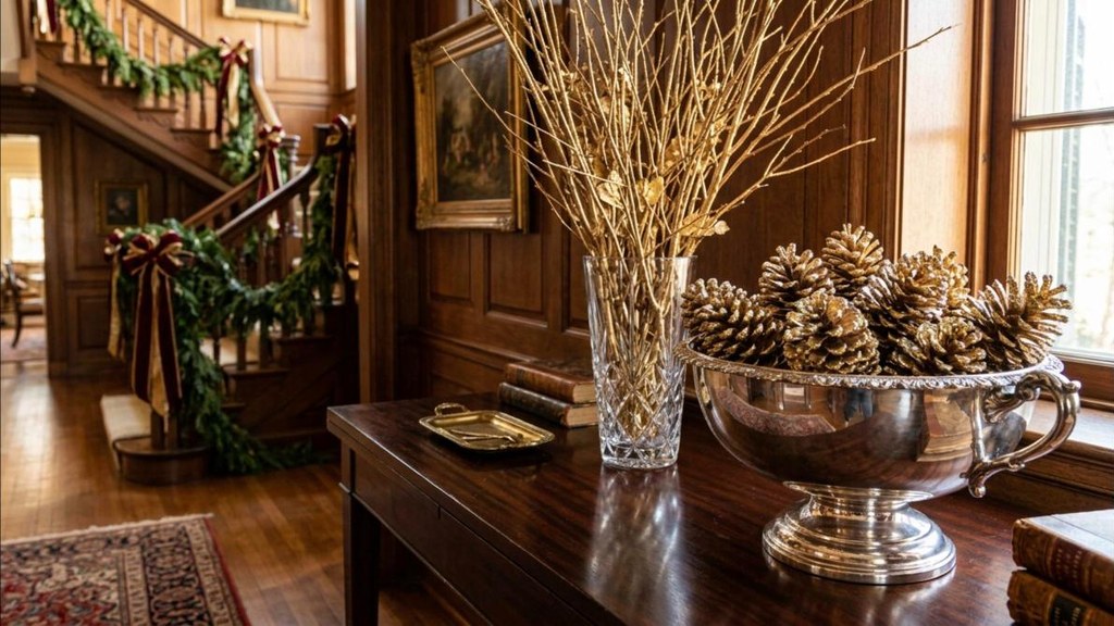 Biltmore Christmas gilded gold pinecones and twigs in a silver bowl